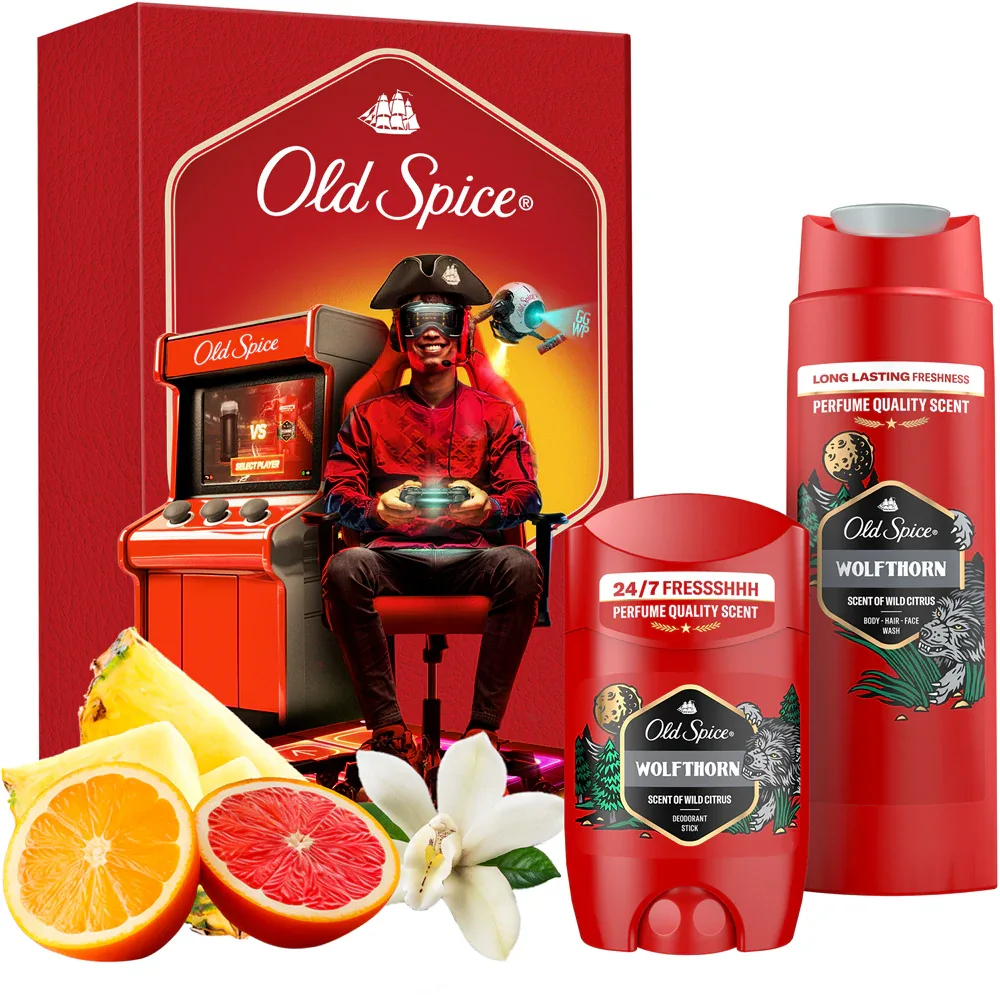 Подарочный набор мужской косметики Old Spice Wolfthorn Gamer, гель для душа и дезодорант-стик