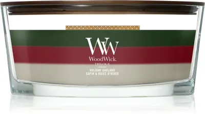 Свеча ароматическая Woodwick Trilogy Holiday Garland с деревянным фитилём, согревающий аромат, 453,6 г z drewnianym knotem
