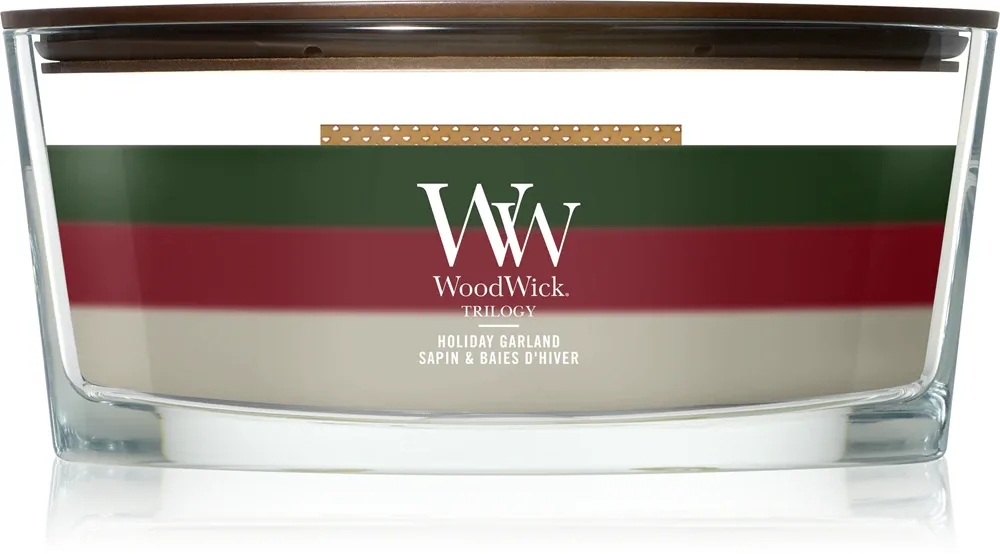 Свеча ароматическая Woodwick Trilogy Holiday Garland с деревянным фитилём, согревающий аромат, 453,6 г z drewnianym knotem