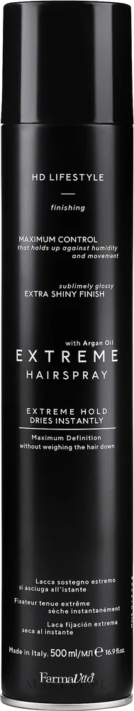 Farmavita HD Hair Spray Extreme лак для волос сильной фиксации 500 мл, спрей для укладки с аргановым маслом, стойкая фиксация и блеск