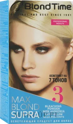 Blond Time Supra Max Blond осветлитель для волос до 7 тонов набор № 3 обесцвечивающий порошок с окислителем и бальзамом антижёлтый эффект 100 мл