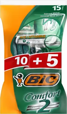 Станки для бритья одноразовые мужские Bic Comfort 2, два лезвия, с увлажняющей полоской, 15 шт