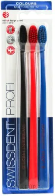 Зубные щётки SWISSDENT Profi Colours Soft-Medium Trio-Pack средней жёсткости, чёрная, красная, синяя, 3 шт