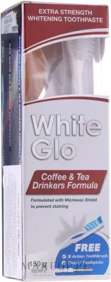 White Glo Coffee and Tea Drinkers Formula набор зубная паста 100 мл и щётка бело-синяя, отбеливающая паста для любителей кофе и чая, карбонат кальция и фтор
