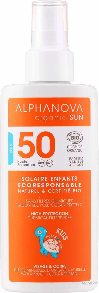 Спрей солнцезащитный детский Alphanova Sun Kids SPF 50+ водостойкий с минеральным фильтром 125 г