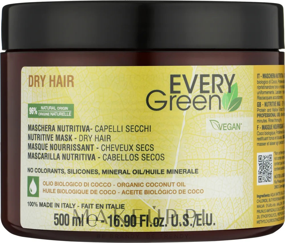 Маска для волос EveryGreen Dry питательная, для сухих волос, масло ши и кокоса, соевые протеины, увлажнение и блеск