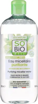 Органическая мицеллярная вода So'Bio Etic Aloe Vera с гамамелисом и цинком для жирной кожи, 500 мл