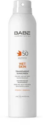 Babe Laboratorios Sun Protection спрей солнцезащитный прозрачный водостойкий Wet Skin SPF 50+ 200 мл, для тела, для влажной кожи