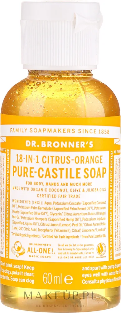 Жидкое мыло Dr. Bronner’s 18-in-1 Pure Castile Soap Citrus Orange, кастильское, цитрусовый аромат, 945 мл