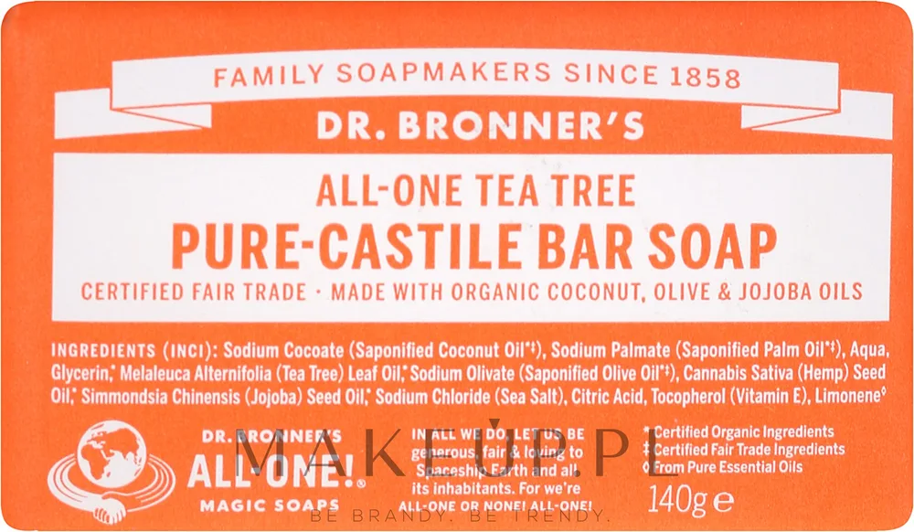 Мыло кусковое Dr. Bronner’s Pure Castile Bar Soap Tea Tree, кастильское, с маслом чайного дерева, 140 г