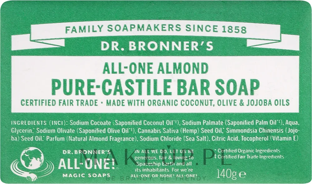 Мыло кусковое Dr. Bronner’s Pure Castile Bar Soap Almond, кастильское, с ароматом миндаля, 140 г