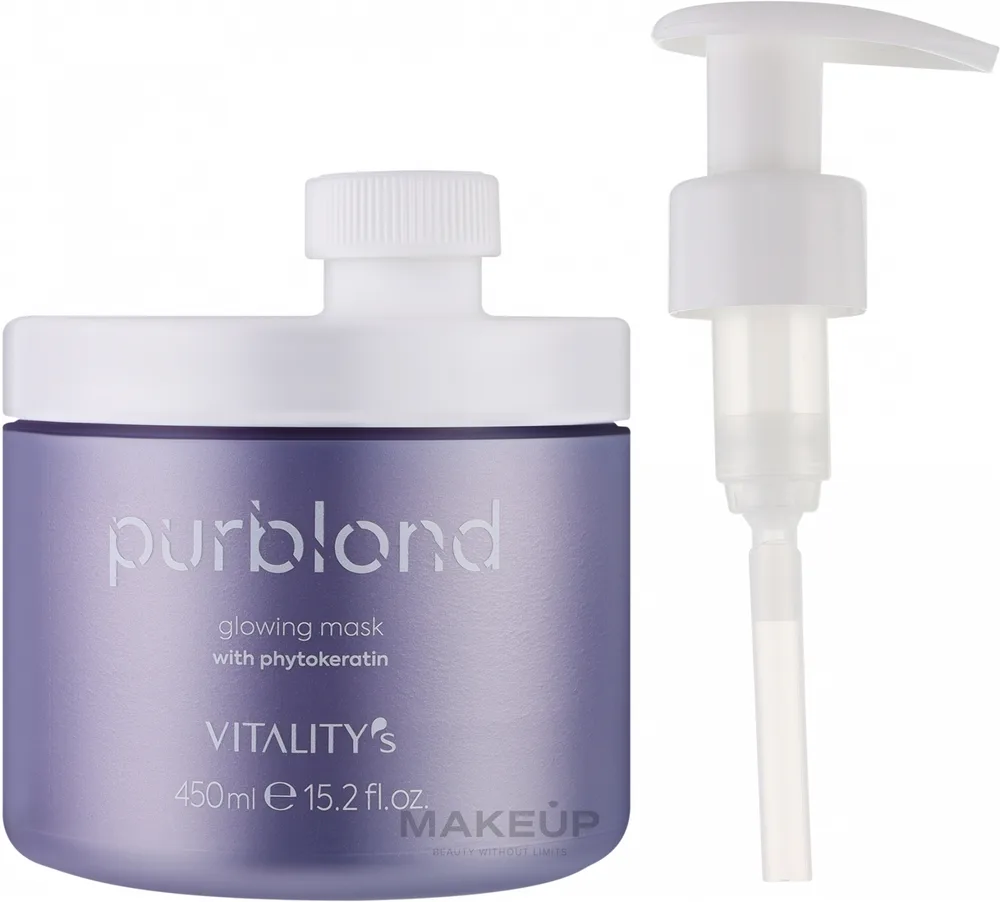 Маска для волос Vitality's Purblond Glowing для волос блонд, антижёлтый эффект, фитокератин, рисовые протеины, 200 и 450 мл