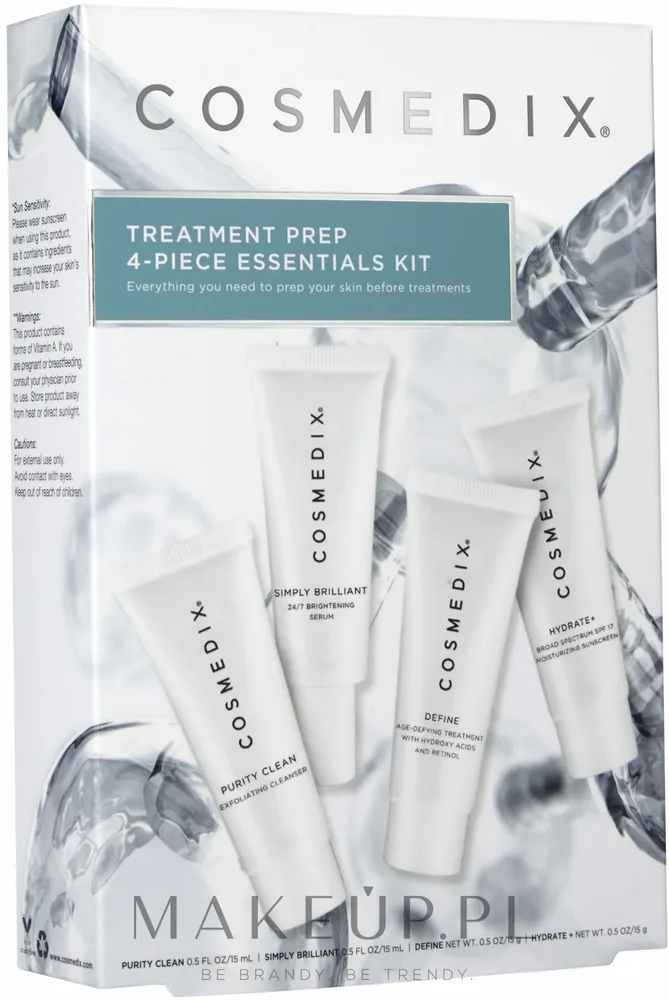 Cosmedix Treatment Prep набор дорожный из 4 средств: крем солнцезащитный SPF 17 15 мл, сыворотка антивозрастная 15 мл, сыворотка осветляющая 15 мл, средство очищающее 15 мл