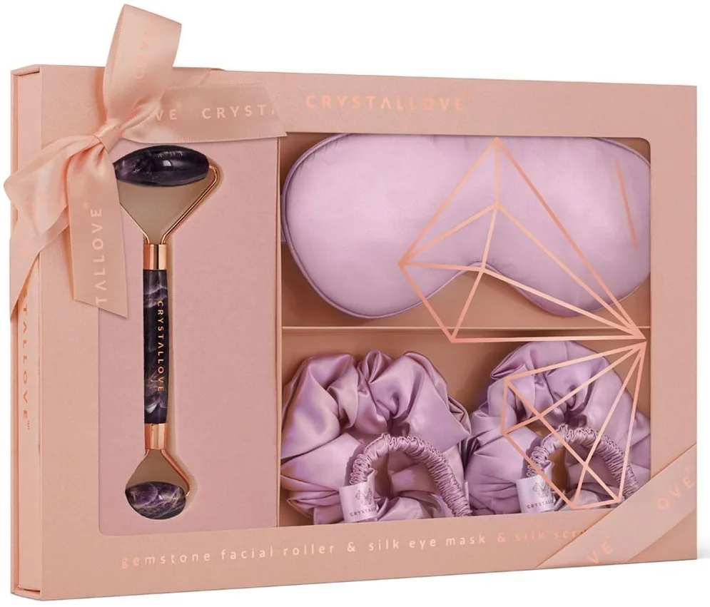 Набор Crystallove Amethyst Home SPA роллер из аметиста шелковая маска для глаз и 4 резинки для волос