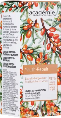 Academie Youth Repair Sea Buckthorn Extract 3D Lip Perfector бальзам для губ для объёма с облепихой 15 мл, плампер для губ с гиалуроновой кислотой