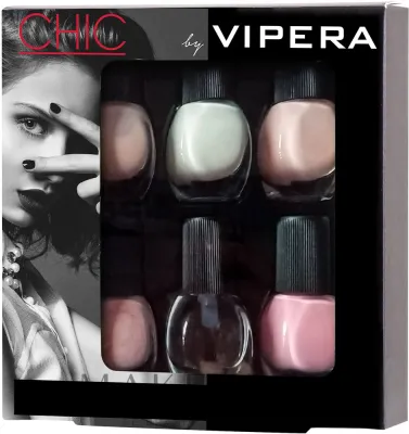 Набор лаков для ногтей Vipera Chic, шесть цветов, с аппликаторами для омбре и трафаретами для френча, 6 x 5,5 мл