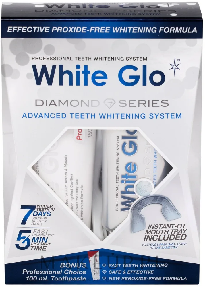 White Glo Diamond Series набор для отбеливания зубов паста 100 мл и гель 50 мл с капой для домашнего применения