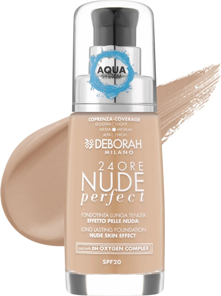 Тональный флюид Deborah 24Ore Nude Perfect Aqua System Foundation стойкий SPF 20, 30 мл, оттенок 3.2