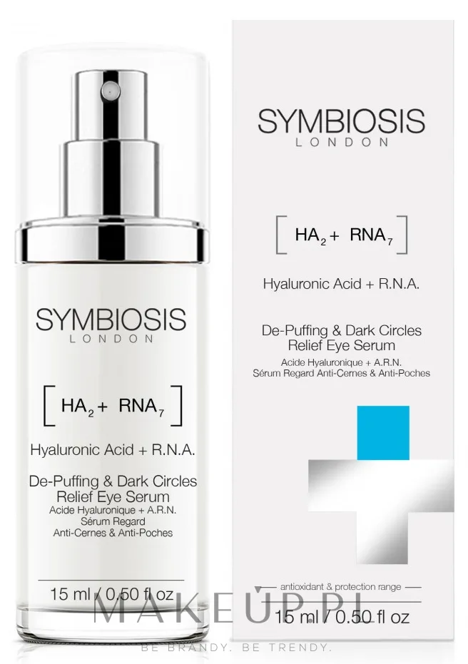 Сыворотка для области вокруг глаз Symbiosis London De-Puffing & Dark Circles с гиалуроновой кислотой РНК и коллагеном для зрелой кожи 15 мл