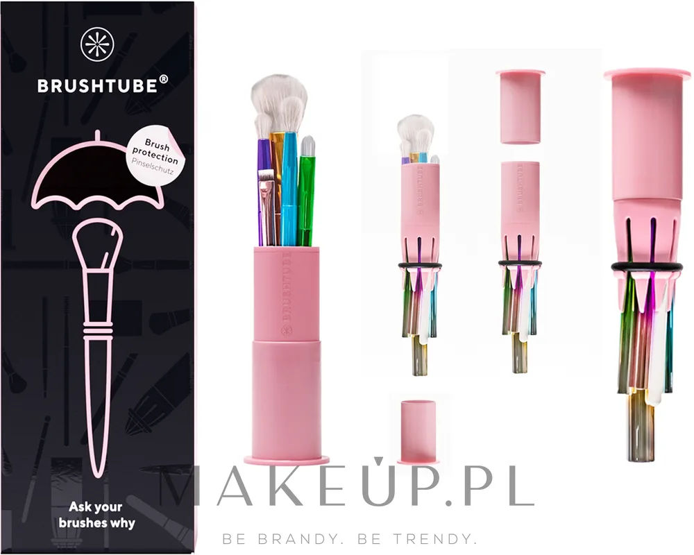 Туба для кистей для макияжа Brushtube, с фиксирующим кольцом и защитным колпачком, розовая