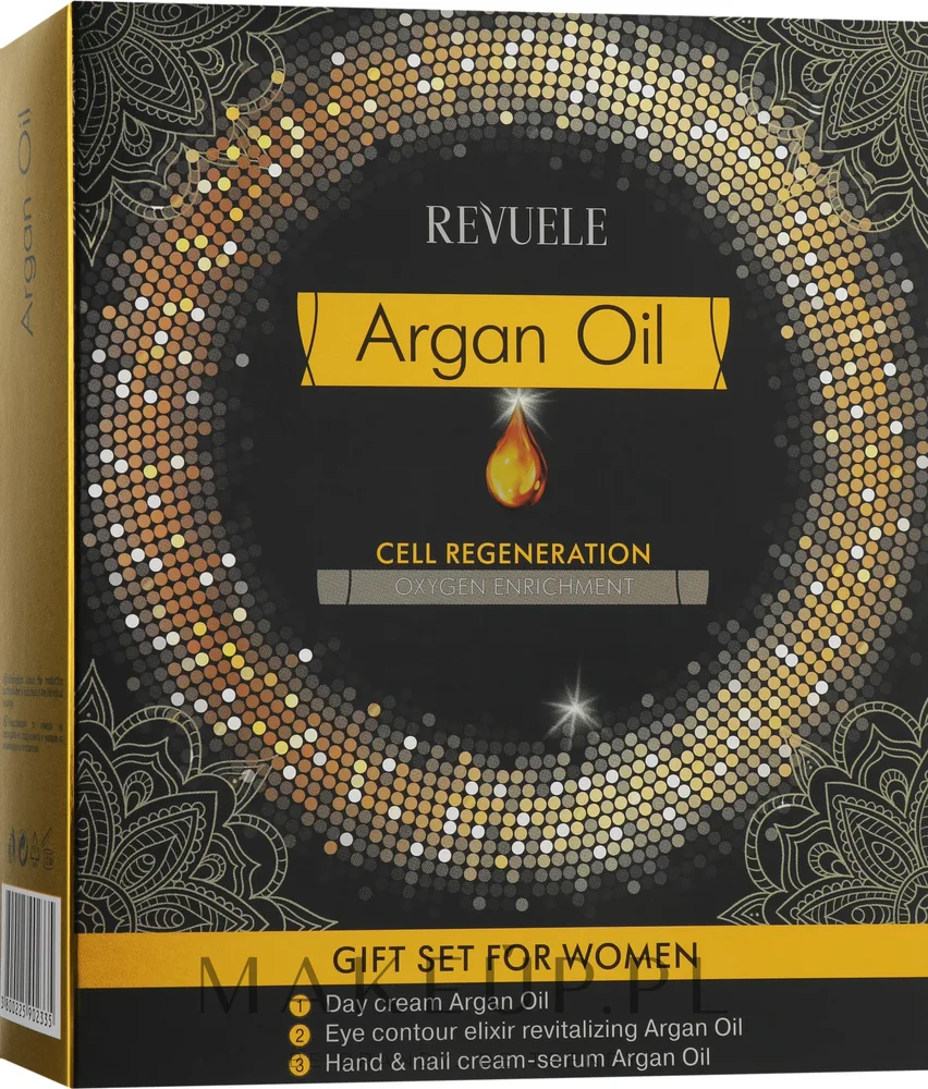 Набор Revuele Argan Oil дневной крем крем-сыворотка для рук и эликсир для век с арганой и Q10 50+50+25 мл