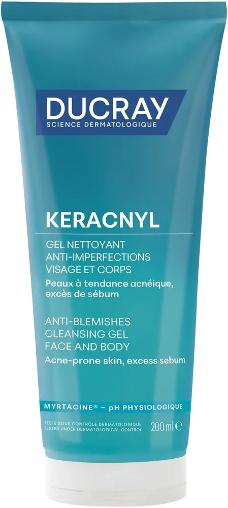 Очищающий пенящийся гель Ducray Keracnyl для жирной и проблемной кожи, 200 мл