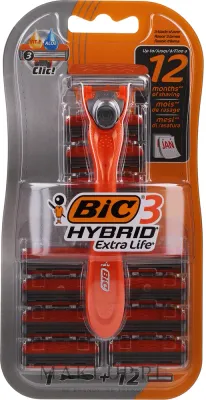 Бритвенный станок Bic 3 Hybrid Extra Life мужской, три лезвия, 1 ручка и 12 кассет