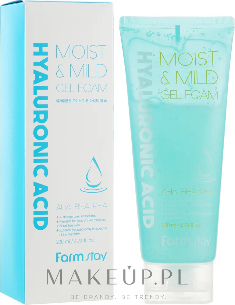 FarmStay Hyaluronic Acid Moist and Mild Gel Foam пенка для умывания лица с гиалуроновой кислотой, AHA и BHA кислотами, очищающий гель 200 мл
