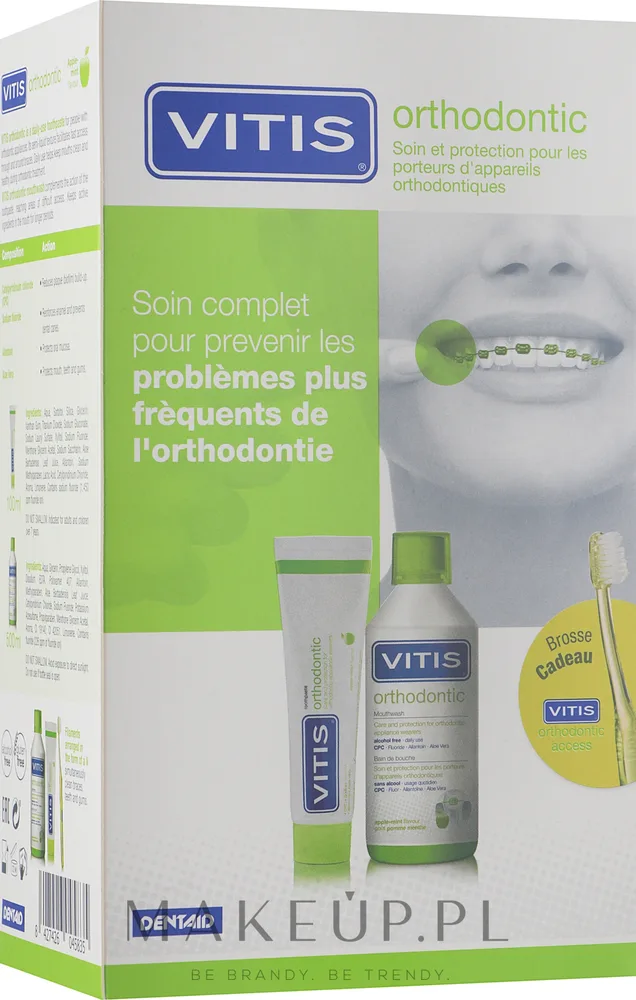 Набор для брекетов Dentaid Vitis Orthodontic зубная паста щетка и ополаскиватель с фтором и алоэ 100+500 мл
