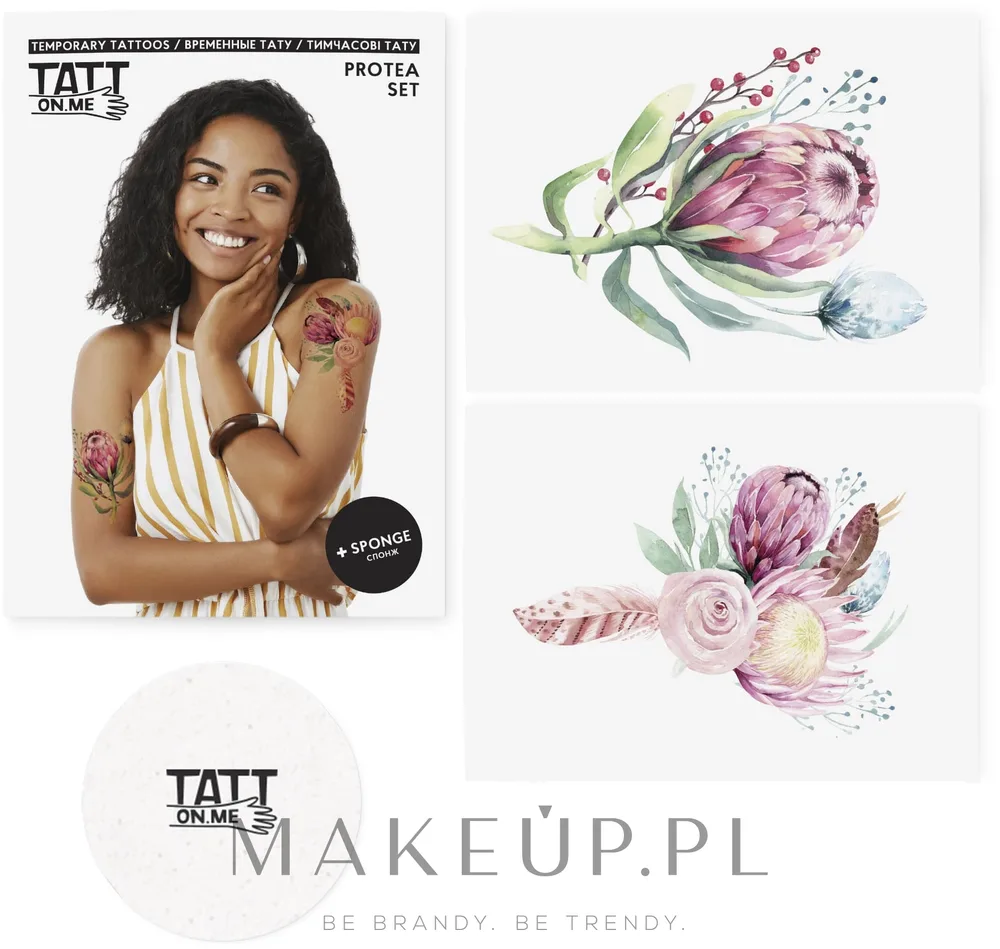 Временные татуировки TATTon.me Protea Set с цветочным дизайном, 2 крупные татуировки, с губкой