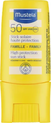 Mustela Sun Protection стик солнцезащитный для лица и тела SPF50 9 мл, для всей семьи, масло авокадо, компактный формат