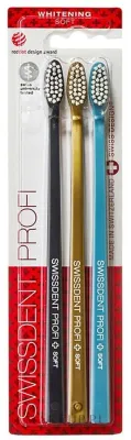Набор зубных щёток Swissdent Profi Whitening Trio Soft мягкие, тёмно-синяя, золотая, бирюзовая, 3 шт
