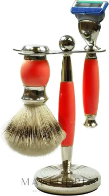 Набор для бритья Golddachs Pure Bristle Fusion Polymer Red Chrome помазок из натуральной щетины станок Gillette Fusion и подставка красный полимер и хром