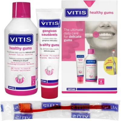 Набор для десен Dentaid Vitis Gingival зубная паста щетка и ополаскиватель с фтором и цинком 100+500 мл