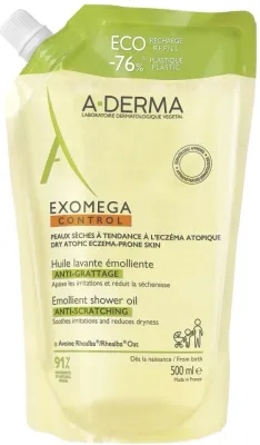 A-Derma Exomega Control масло для душа и ванны смягчающее для сухой кожи, сменный блок, 500 мл