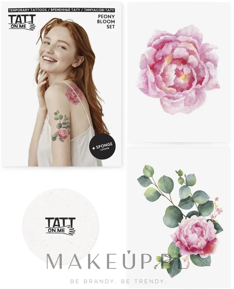 Временные татуировки TATTon.me Peony Bloom Set с цветочным дизайном, 2 татуировки, с губкой