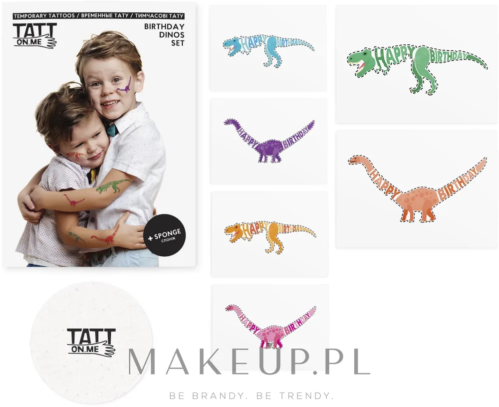 Временные татуировки TATTon.me Birthday Dinos Set с динозаврами и надписью Happy Birthday, с губкой