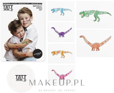 Временные татуировки TATTon.me Birthday Dinos Set с динозаврами и надписью Happy Birthday, с губкой