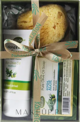 Набор Kalliston крем для рук и тела с маслом мастики оливковое мыло с алоэ и мочалка 50 мл+100 г
