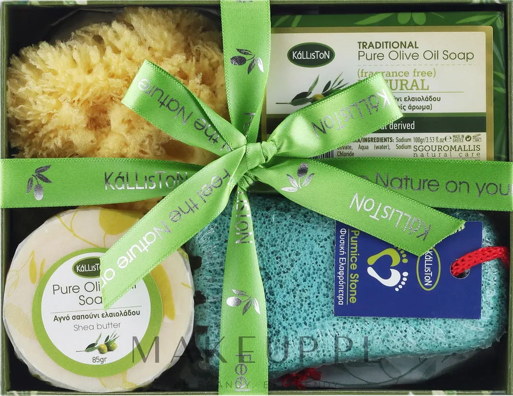 Набор Kalliston Kit: традиционное натуральное оливковое мыло 100 г, мыло Pure Olive Oil 85 г, жёлтая губка, пемза