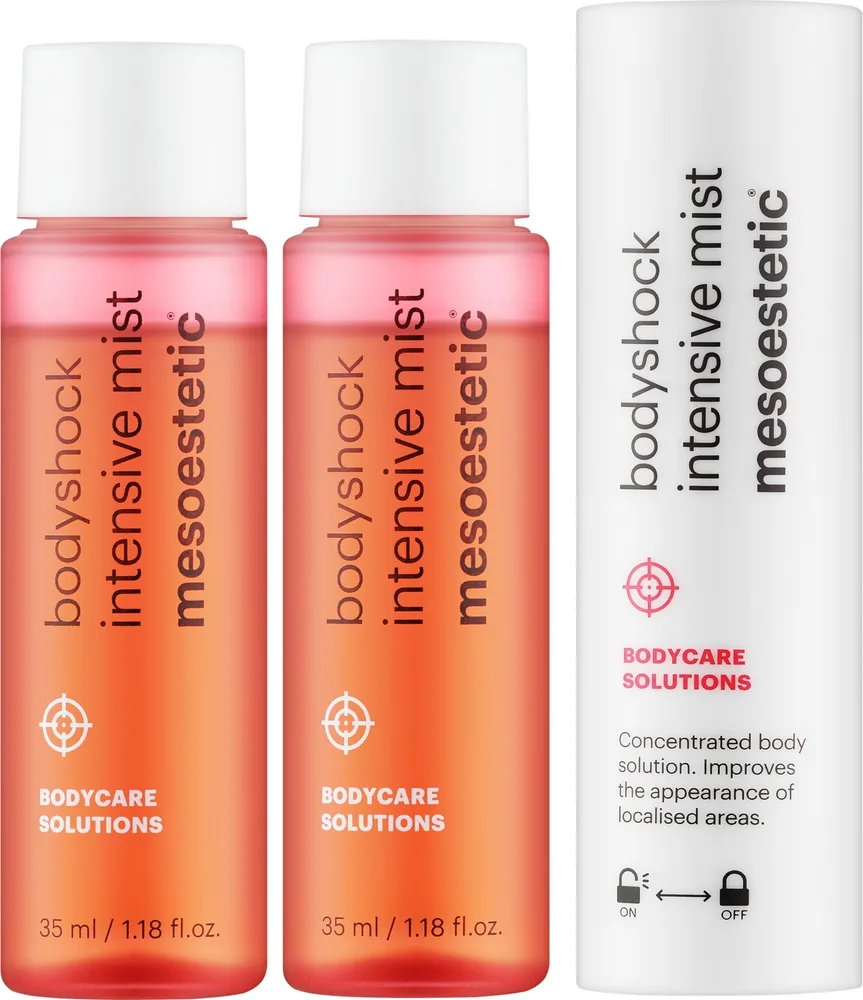 Mesoestetic Bodyshock Intensive Mist концентрат-спрей двухфазный для проблемных зон 2 x 35 мл, антицеллюлитный спрей для бёдер и живота с кофеином