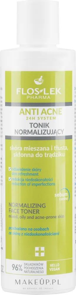 Бесспиртовой нормализующий тоник Floslek Anti Acne с алоэ, ниацинамидом и салициловой кислотой, 225 мл