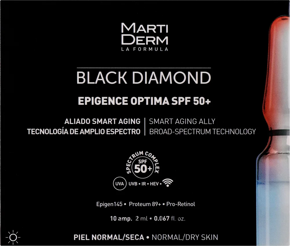 Ампулы для лица MartiDerm Black Diamond Epigence Optima SPF 50+ солнцезащитные, с экстрактом какао, 10 ампул по 2 мл