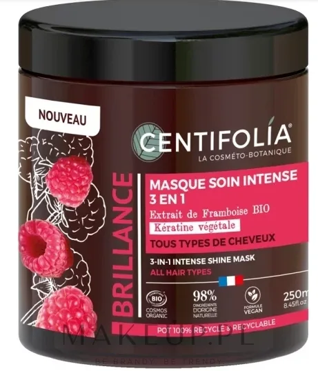 Маска для волос Centifolia 3-в-1 интенсивный блеск, кокосовое масло, касторовое масло, экстракт малины, миндальный протеин, 250 мл