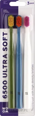 Зубные щётки Woom 6500 Ultra Soft ультрамягкие, 6500 щетинок, зелёная, синяя, белая, 3 шт