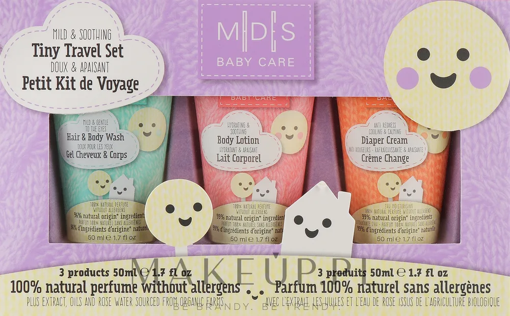 Mades Cosmetics Mades Cosmetics M|D|S Baby Care Tiny Travel Set (gel/50 мл + b/cr/50 мл + b/lot/50 мл) * - Детский набор Mades Baby Care гель-шампунь без слез крем под подгузник и лосьон с овсом 3x50 мл уценка упаковки