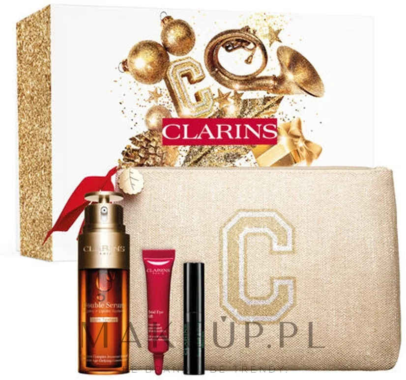 Clarins набор: сыворотка Double Serum Light Texture 50 мл, концентрат для глаз Total Eye Lift 8 мл, тушь Supra Lift and Curl 01 Intense Black 3 мл, косметичка