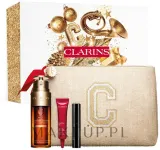 Clarins набор: сыворотка Double Serum Light Texture 50 мл, концентрат для глаз Total Eye Lift 8 мл, тушь Supra Lift and Curl 01 Intense Black 3 мл, косметичка — фото 1