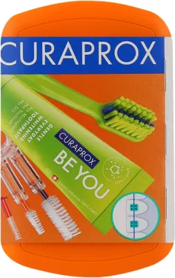Набор ортодонтический дорожный Curaprox Ortho Travel Set: щётка, паста 10 мл, 3 межзубных ершика, футляр, оранжевый