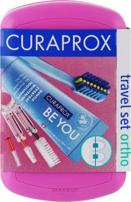 Набор ортодонтический дорожный Curaprox Ortho Travel Set: щётка, паста 10 мл, 3 межзубных ершика, футляр, розовый
